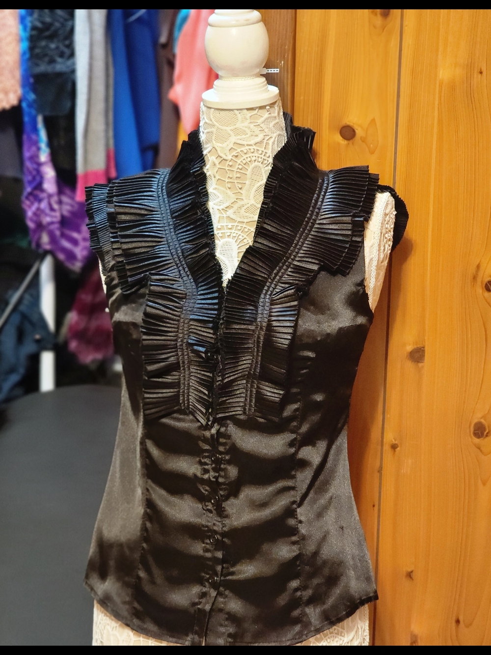Sleeveless Black Satin Ruffle Trim Blouse